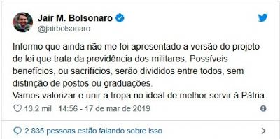 Bolsonaro diz que ainda no recebeu projeto da reforma dos militares