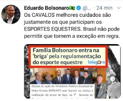 Eduardo Bolsonaro cita Leiagora em Twitter e estuda estratgia para esportes equestres