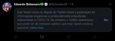Twitter classifica post de Eduardo Bolsonaro como publicao enganosa